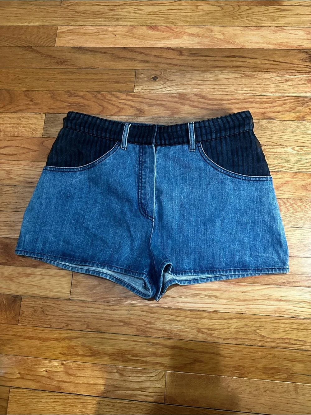 Chanel Denim Shorts Blue Jeans Striped Fabric Panels Size 40